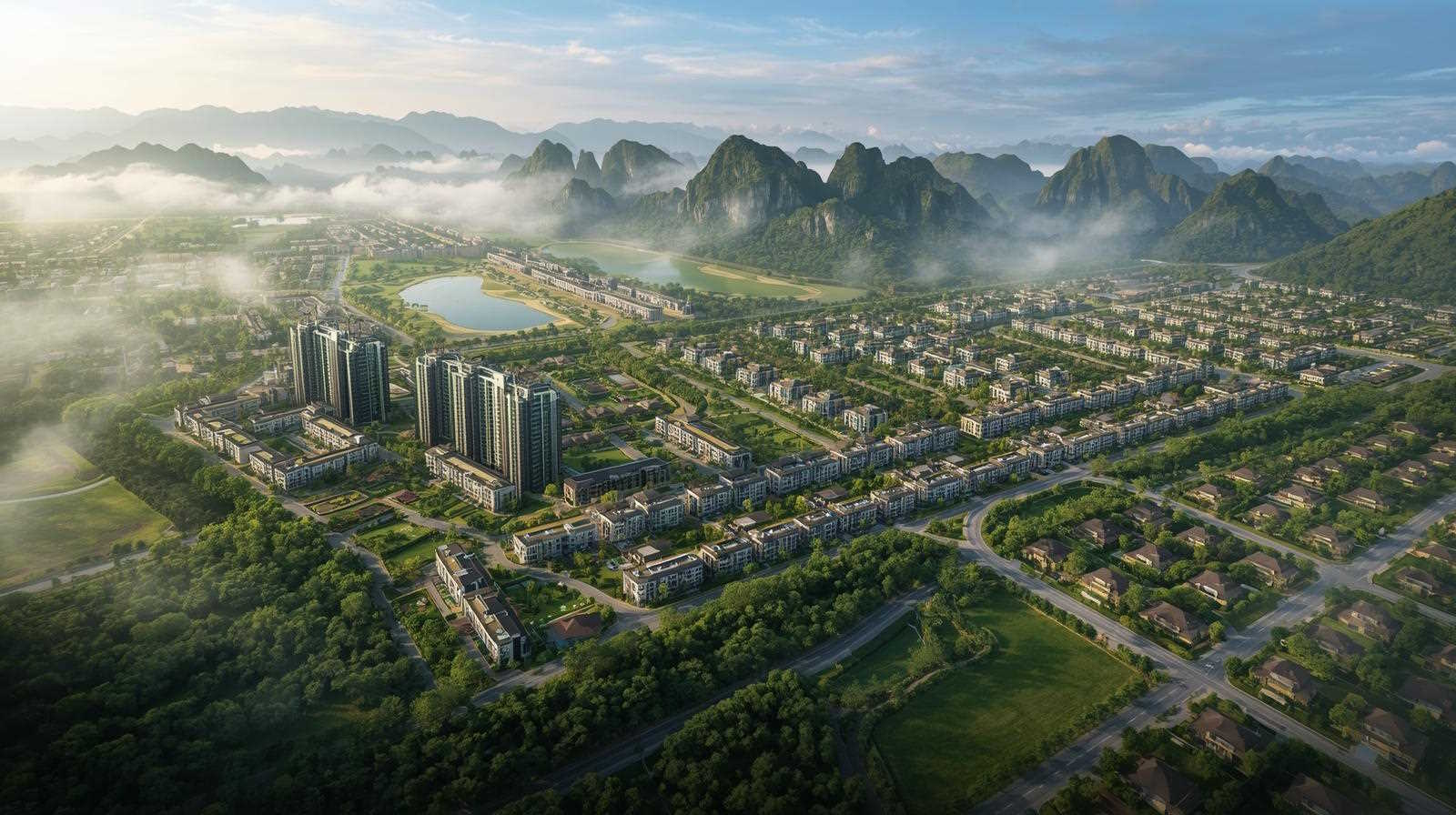 Toàn cảnh Ecopark Hoa Lư nhìn từ trên cao - Núi non Tràng An làm nền, Ninh Bình.